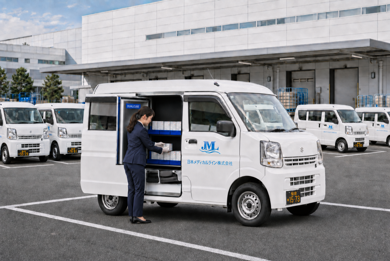 日本メディカルライン株式会社の配送車両とDUALCUBEへの積み込み作業